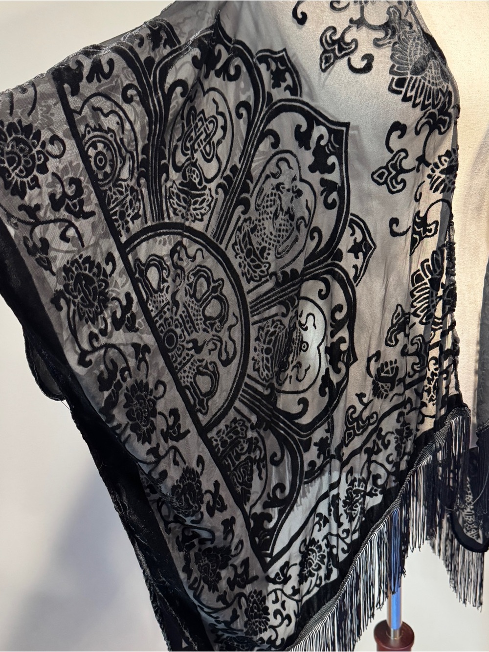 Mixit Black Velvet Burnout Sheer Fringe Kimono Wrap Whimsigoth Witchy One Size - Picture 5 of 15